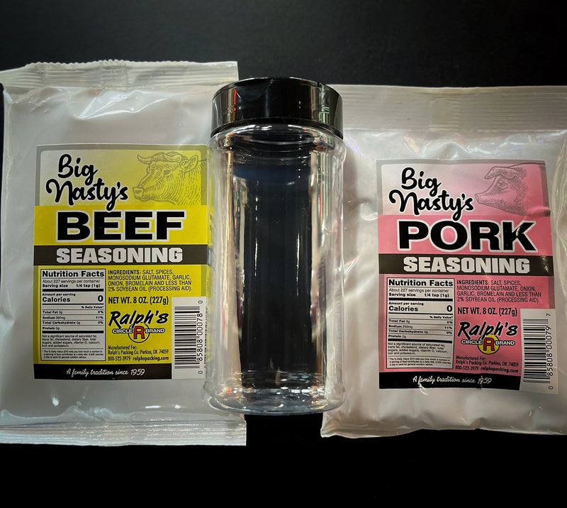 Big Nasty's Beef & Pork Seasoning Combo (2 - 8oz bags and bottle)